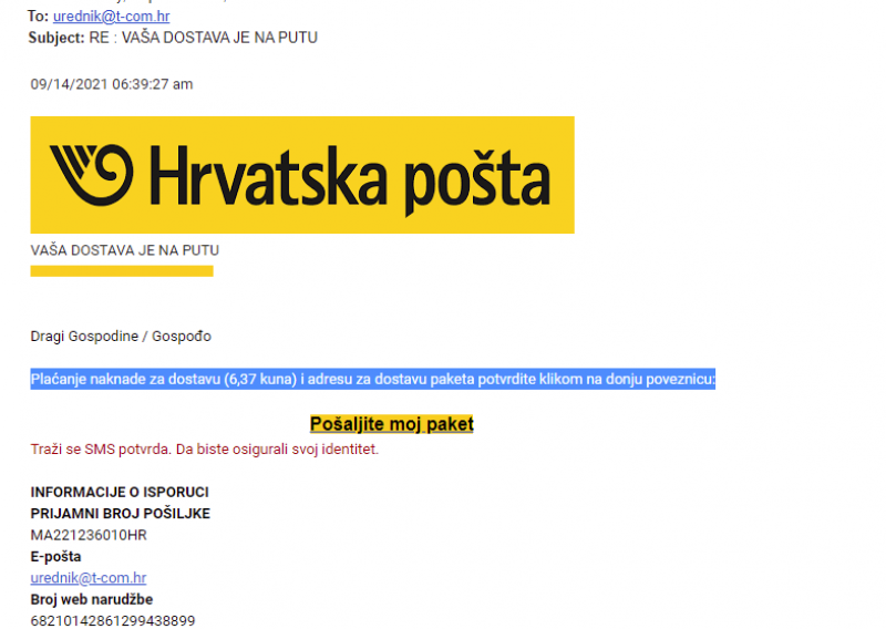 Važno upozorenje Hrvatske pošte: Ne otvarajte linkove u ovom mailu, radi se o pokušaju prevare!