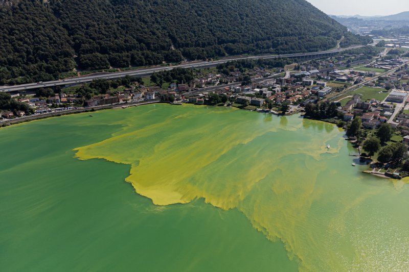 Slika snimljena dronom prikazuje vodu jezera Lugano obojenu u zeleno i žuto zbog snažne proliferacije cijanobakterija (plavo-zelenih algi).