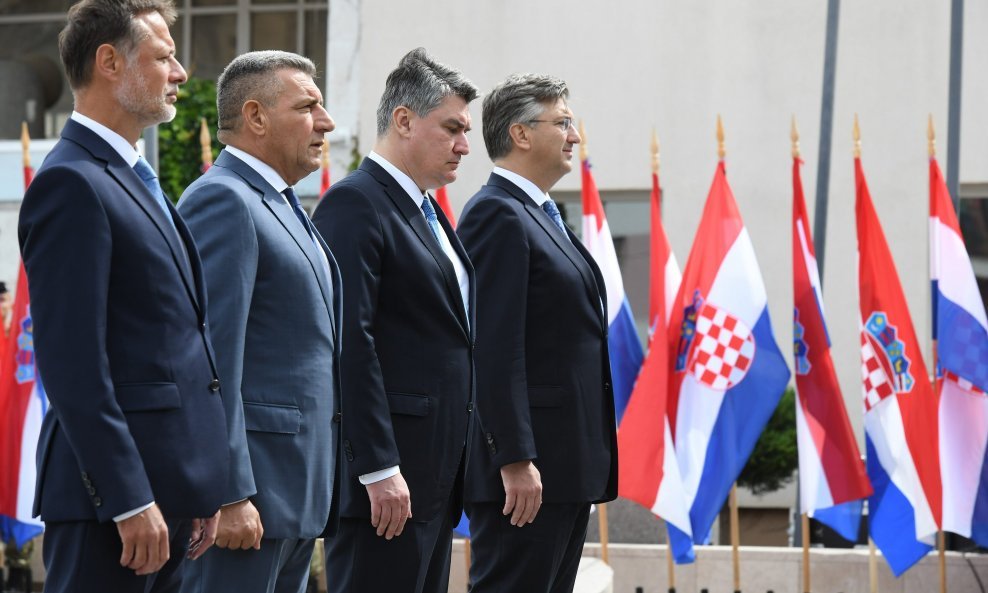 Svečanost obilježavanja Dana pobjede i domovinske zahvalnosti, Dana hrvatskih branitelja i 25. obljetnice vojno-redarstvene operacije Oluja. Na fotografiji: Gordan Jandroković, Ante Gotovina, Zoran Milanović, Andrej Plenković. Knin, 5. kolovoza 2020.