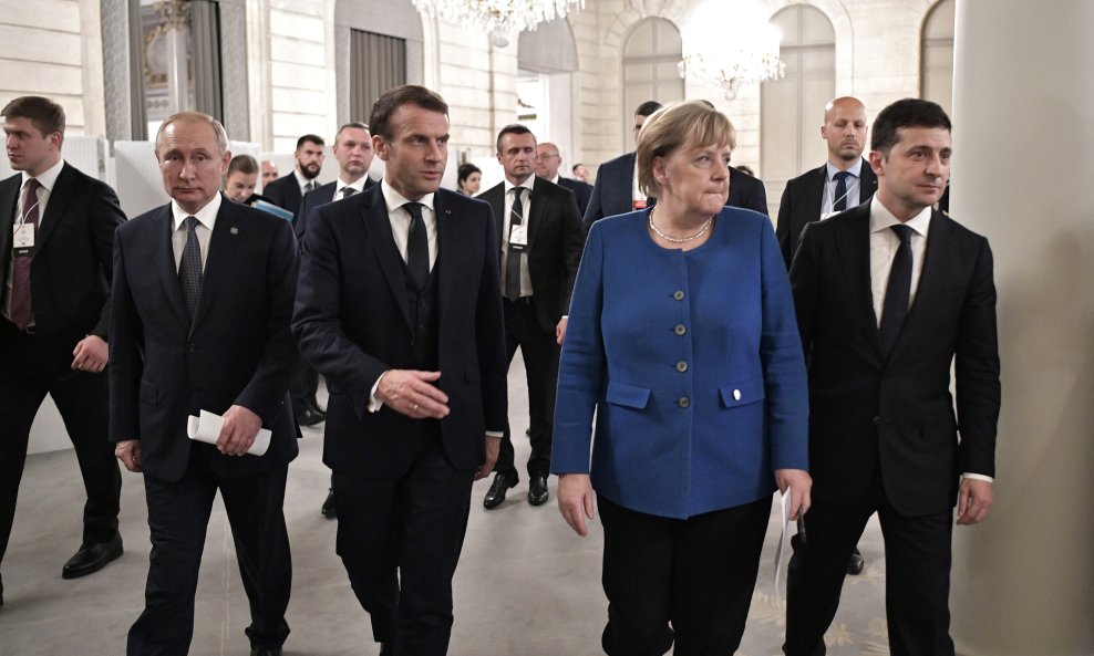 Vladimir Putin, Emmanuel Macron, Angela Merkel, Volodimir Zelenskij