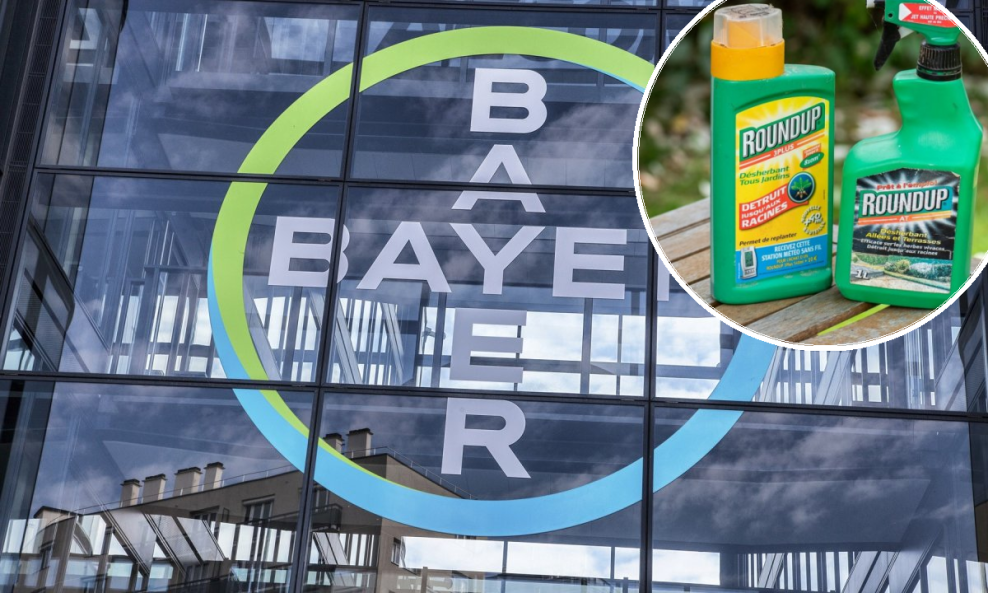 Bayer (ilustracija) i herbicid Roundup s kontroverznim aktivnim sastojkom glifosatom (u krugu)