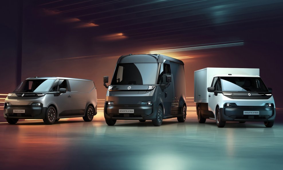 Renault Trafic E-Tech electric, Renault Estafette E-Tech electric, Renault Goelette E-Tech electric (s lijeva na desno)