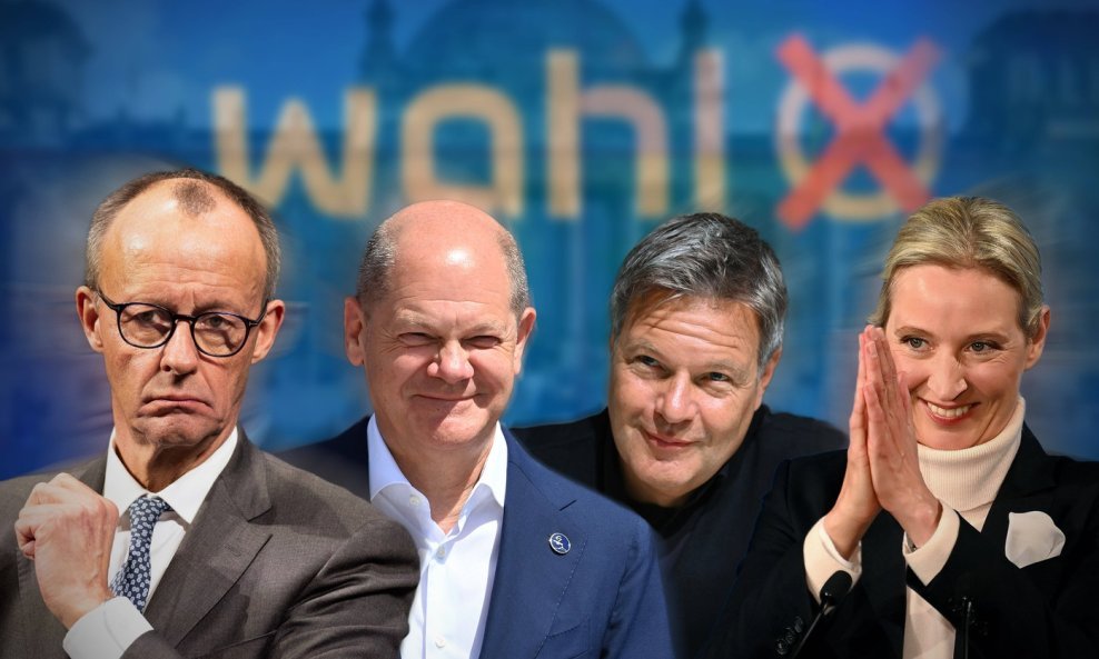 Četvero kandidata za njemačkog kancelara prvi put se izravno sučelilo na televiziji. Na fotografiji: Friedrich Merz, Olaf Scholz, Robert Habeck i Alice Weidel