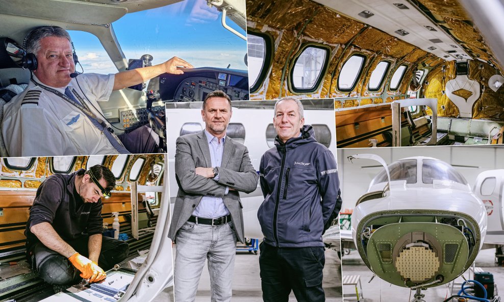 Vlasnik tvrtke Jung Sky, Krešimir Jung (gore lijevo), direktori Krešimir Vlašić i Davor Bujan te radovi na avionu Cessna 5252A