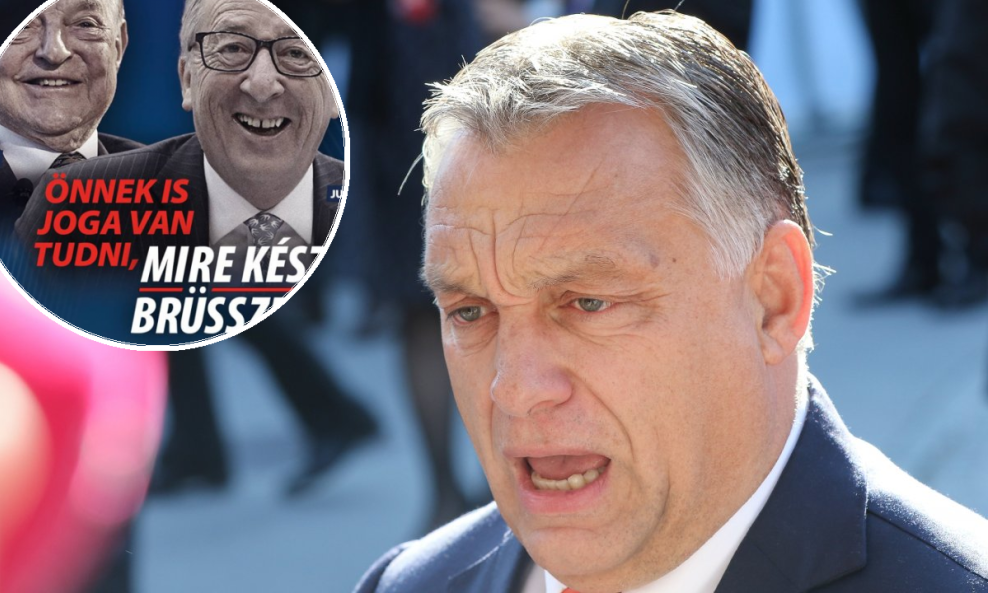 Viktor Orban te plakat s Georgeom Sorosem i Jean-Claudeom Junckerom