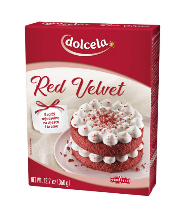 Dolcela Red Velvet poznata je svjetska slastica u prepoznatljivoj crvenoj boji u kombinaciji s bijelom kremom. Pakiranje sadrži mješavinu za biskvit i mješavinu za kremu. Osim za pripremu atraktivne torte, ova mješavina može poslužiti i za pripremu dekorativnih muffina. Uronite u baršunaste okuse ove svjetski poznate slastice u najfinijoj Dolcela verziji.