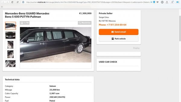 Oglas za Mercedes-Benz kojeg je koristio Vladimir Putin Screenschot Mobile.de