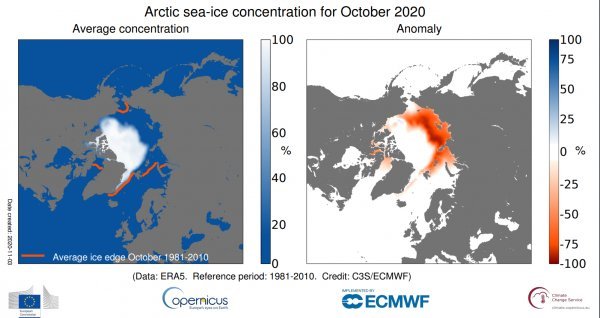 Arktik zabilježio najniži prosjek morskog leda u listopadu od početka satelitskih mjerenja 1979.