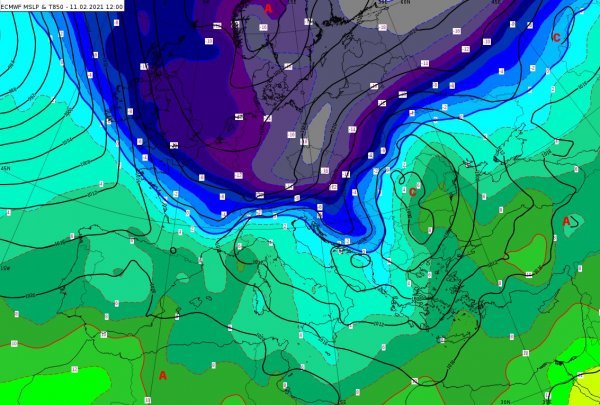 ECMWF prognoza prizemnog tlaka zraka i temperature na 850 hPa za četvrtak, 11. 2. 2021. u 12 UTC.