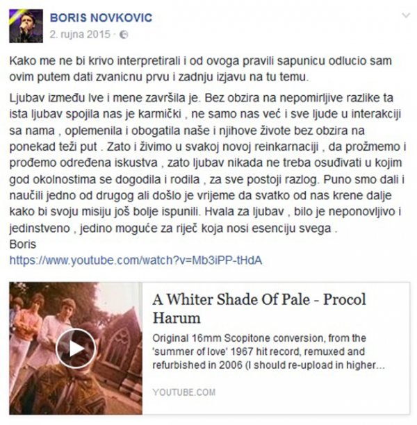 O prekidu sa slikaricom Ivom napisao je status na Facebooku