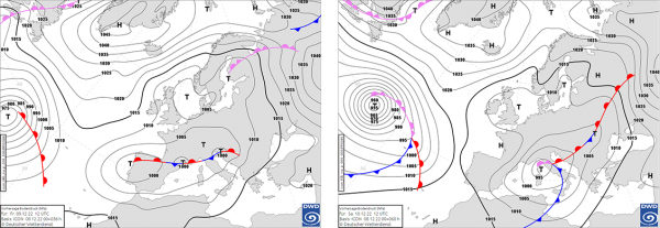 Prizemno polje tlaka zraka i frontalni poremećaji za 9. 12. i 10. 12. 2022. u 12 UTC (izvor DWD)