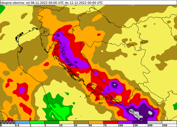 Akumulirana oborina (mm) u razdoblju od 8. 12. do 12. 12. 2022. u 00 UTC prema ECMWF prognostičkom modelu