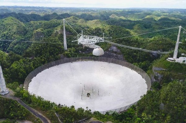 Slika 2. Arecibo antenski sustav s novim pobudnim sustavom reflektorskog tipa (fotografiran prije kolapsa 1. prosinca 2020. godine.). Izvor: https://www.ucf.edu/news/update-on-arecibo-observatory-facility-after-telescope-damage/