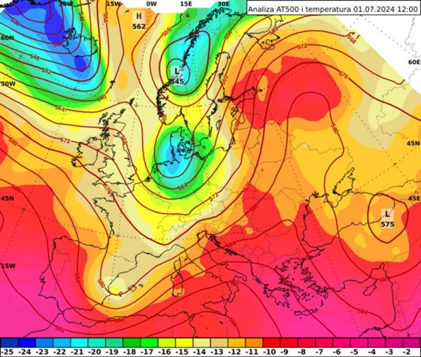 Slika 1. Apsolutna topografija (AT) i temperatura na 500 hPa u ponedjeljak, 1. 7. 2024. u 14 h po lokalnom vremenu. Izvor: ECMWF