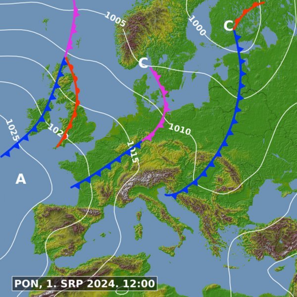 Slika 2. Sinoptička karta za ponedjeljak 1. 7. 2024. u 12 sati. Izvor: ECMWF i DHMZ