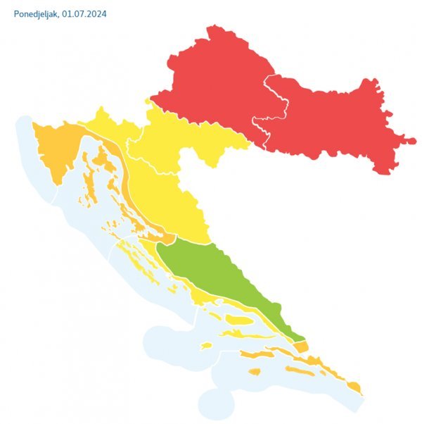 Slika 4. Upozorenja na opasne vremenske pojave na web stranici DHMZ-a, u ponedjeljak 1. srpnja 2024.