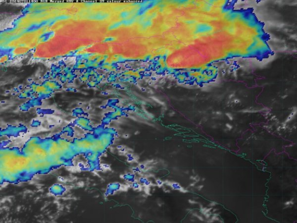 Slika 5. Satelitska slika naoblake 1. 7. 2024. u 16 sati po lokalnom vremenu (izvor: EUMETSAT i DHMZ)