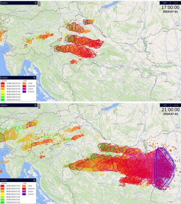 Slika 8. Električna pražnjenja (munje) uz prikaz procjene intenziteta grmljavinskog oblaka 1.7.2024. (Izvor: Nowcast GmbH)