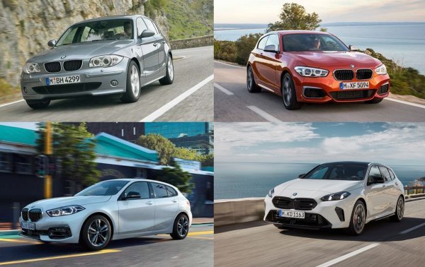 BMW serije 1 - četiri generacije (gornji red 1. (2004.) i 2. (2011.), donji red 3. (2019.) i 4. (2024.))