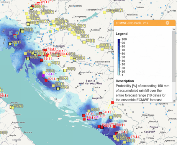 Vjerojatnost oborine veće od 150 mm u sljedećih 10 dana prema ECMWF ansambl prognozi uključenoj u EFAS LISFLOOD hidrološku prognozu (crveni i žuti kvadratići ukazuju na vjerojatnost velikih voda)