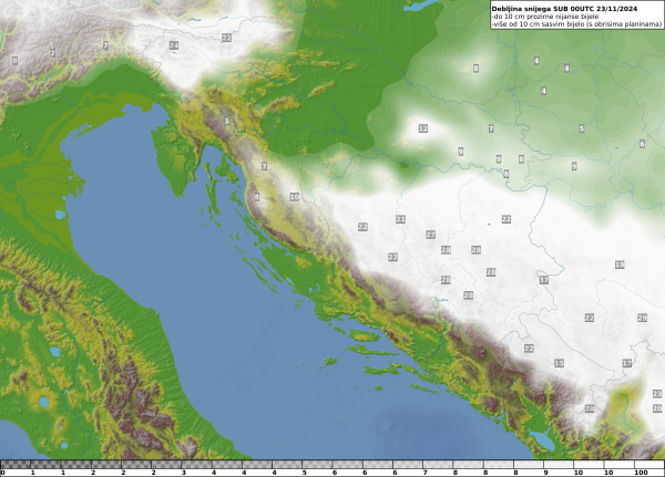 Debljina snježnog pokrivača (cm) u subotu 23. studenog 2024. u 00 UTC