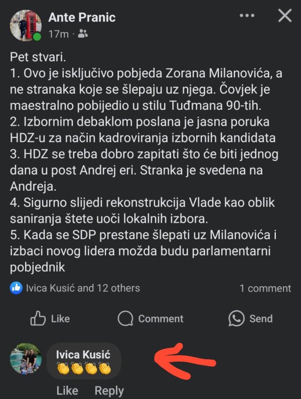 Objava Ante Pranića na Facebooku koju je podržao HDZ-ovac Kustić