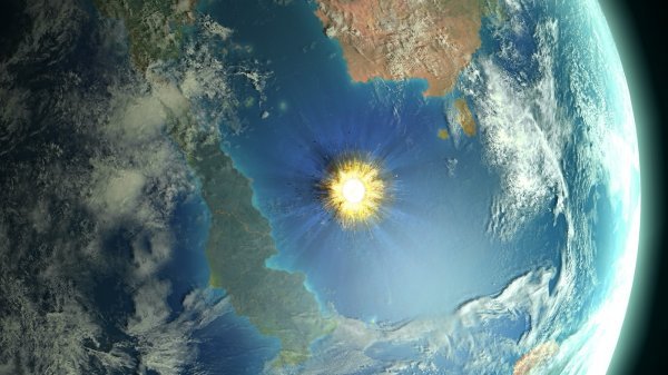 Ilustracija udara asteroida i nastanka kratera Chicxulub