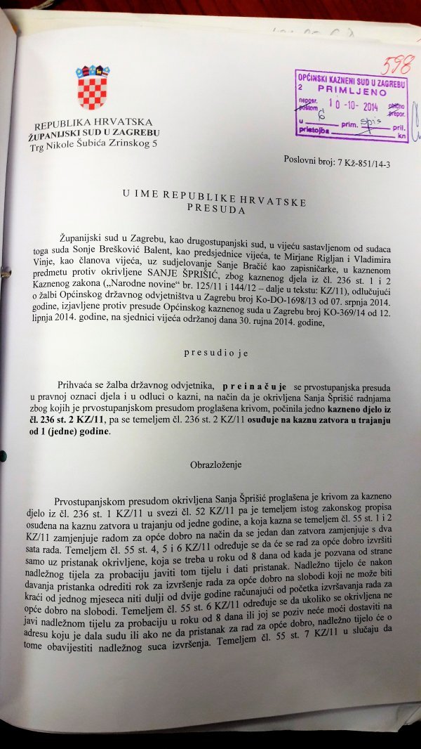 Županijski sud preinačio je kaznu Općinskog suda i Sanji Šprišić izrekao kaznu zatvora od jedne godine