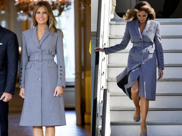 Melania Trump u haljini i kaputu gingham uzorka s potpisom Michaela Korsa