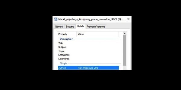 U rubrici 'Properties' kao autor je naveden Ivan Milanović Litre