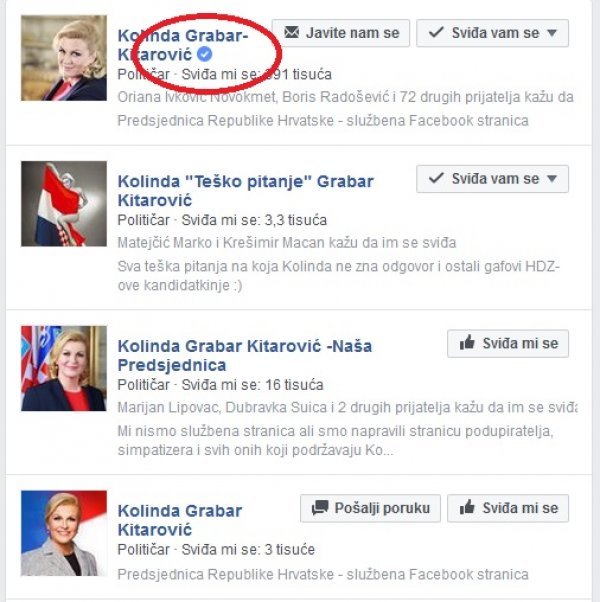 Na facebooku postoji više profila i grupa koje nose ime Kolinde Grabar Kitarović, no njen je službeni profil samo onaj označen kvačicom