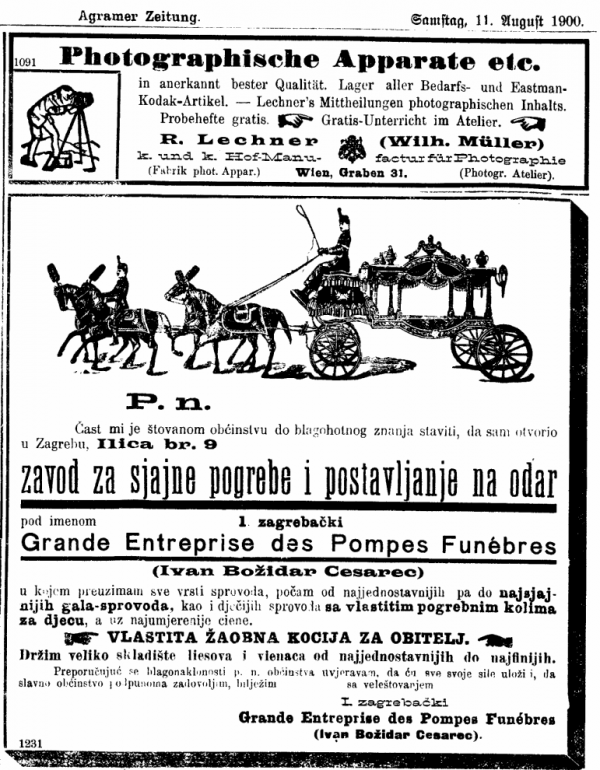 Novinska reklama I. zagrebačkog zavoda za sjajne pogrebe i postavljanje na odar, Ilica 9, objavljena u Agramer Zeitungu 11. kolovoza 1900.